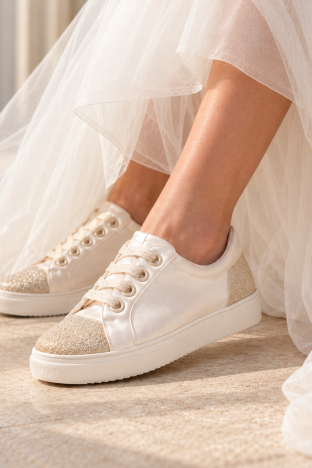Zapatillas de novia en raso con glitter dorado champán